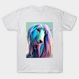 Cartoon Afghan Hound in teal & purple T-Shirt